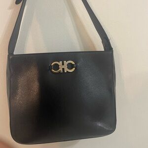 Salvatore Ferragamo Black Business Leather Gancini Shoulder Bag Authentic